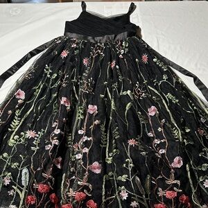 Girls' Black Embroidered Floral Tulle Dress